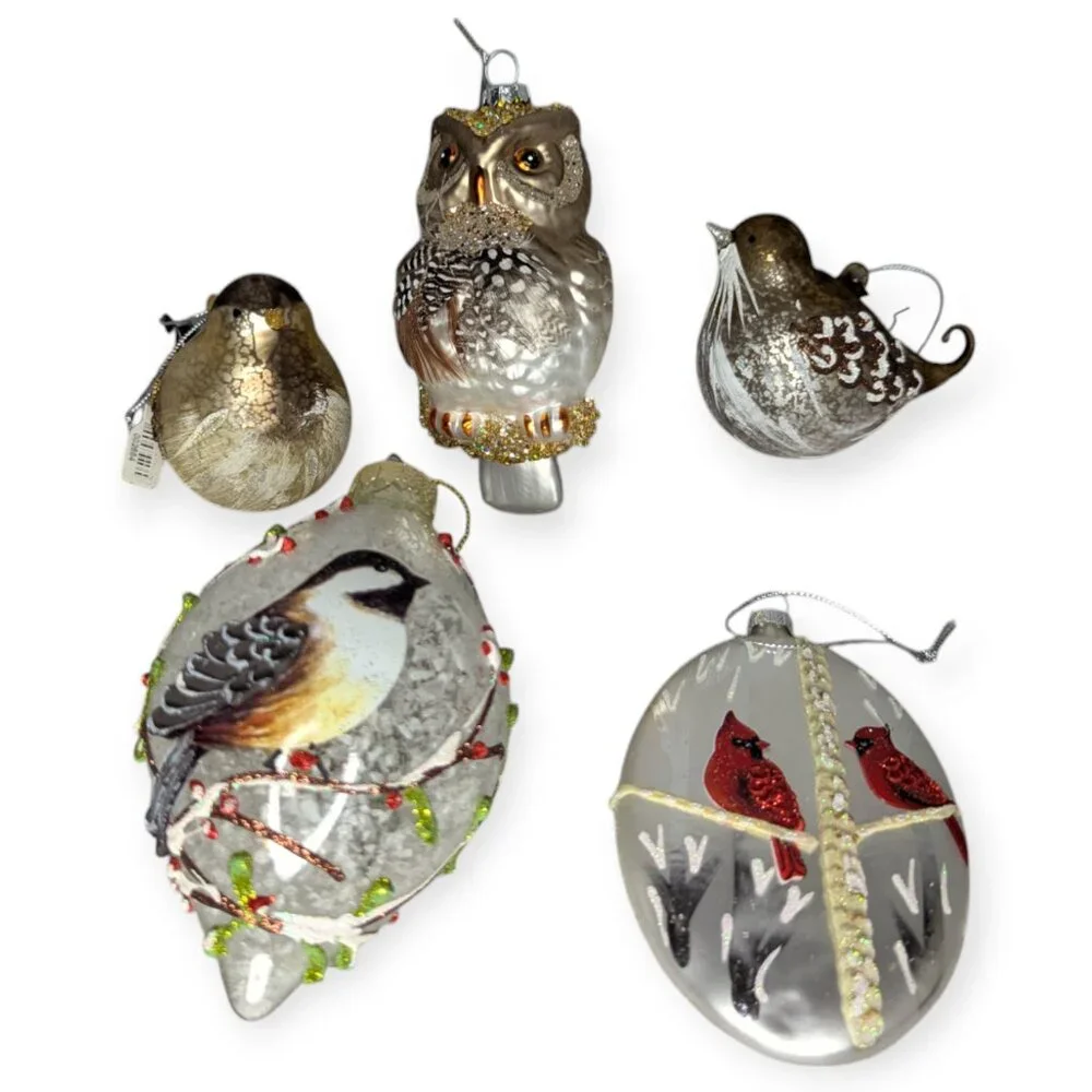Hand Blown Glass Lot of 5 Iridescent Silver Red White Bird Christmas Ornaments